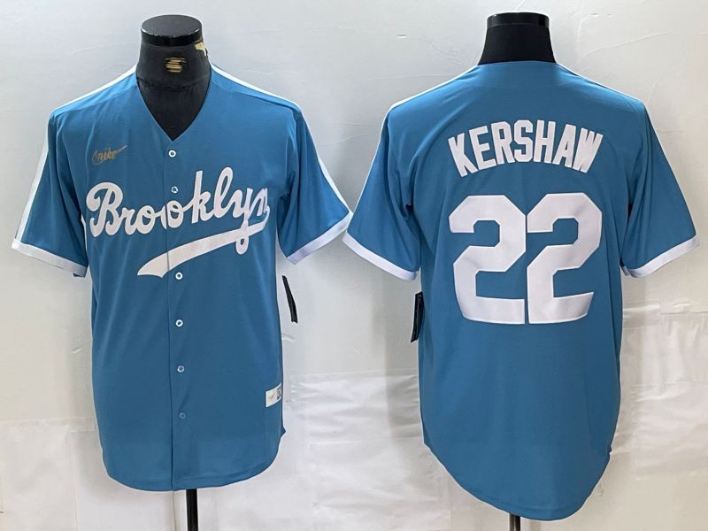 Men Los Angeles Dodgers 22 Kershaw Light blue Throwback 2024 Nike MLB Jersey style 1